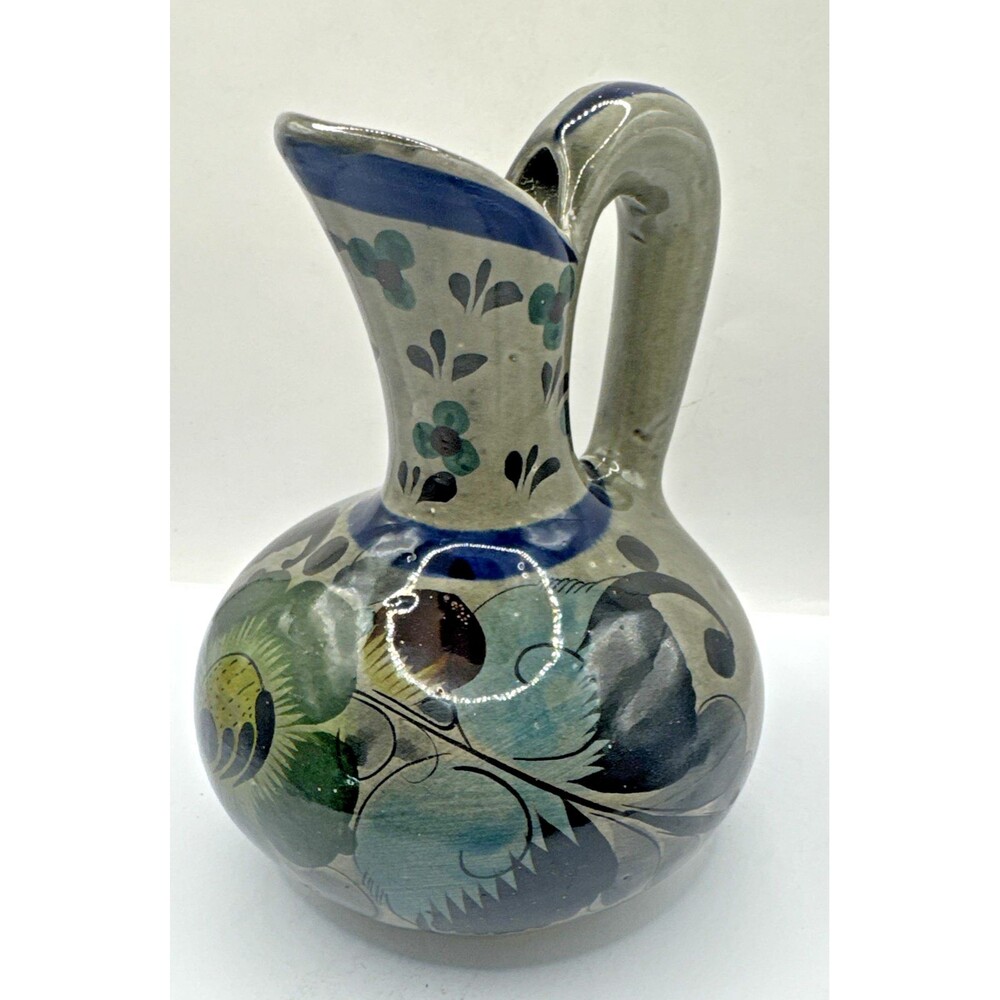Beautiful Vintage Tonala Mexican Pottery Hand Painted Pitcher Vase Jug